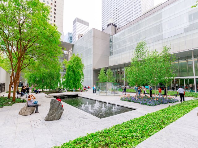 Pool with fountains in courtyard of Museum of Modern Art, New York City