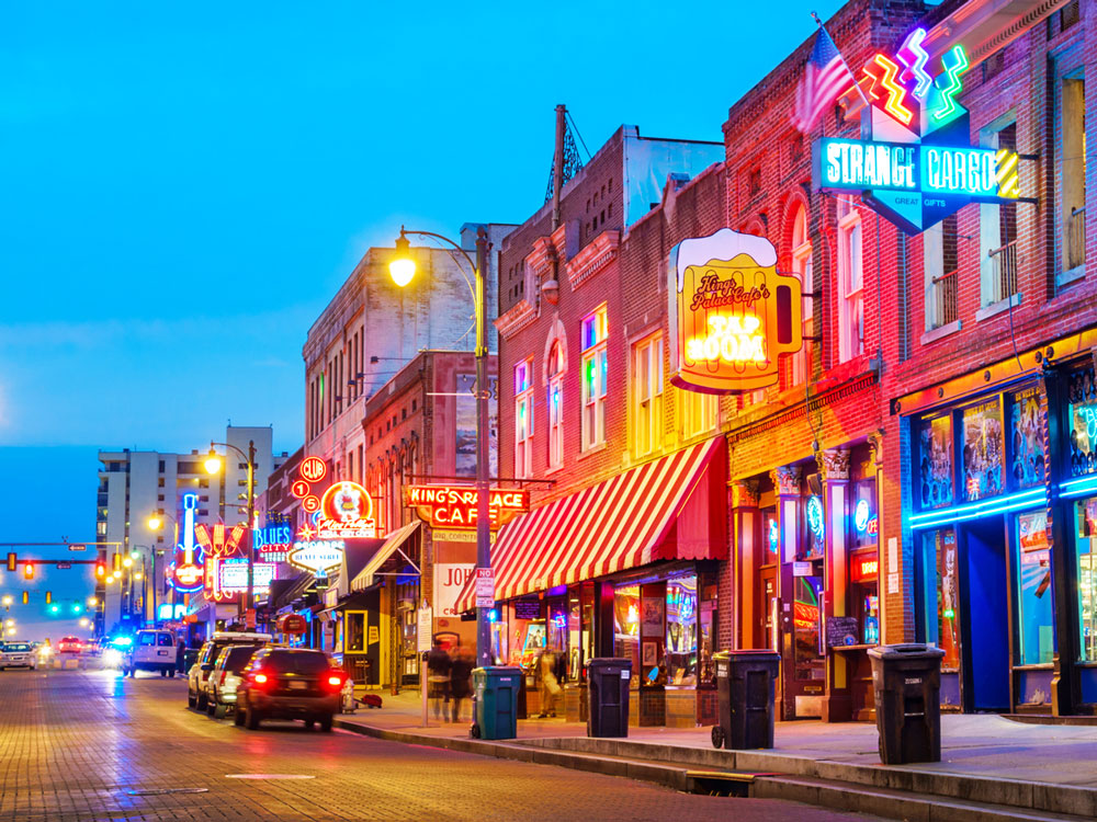 Neon signs lighting Beale Street, Memphis at night