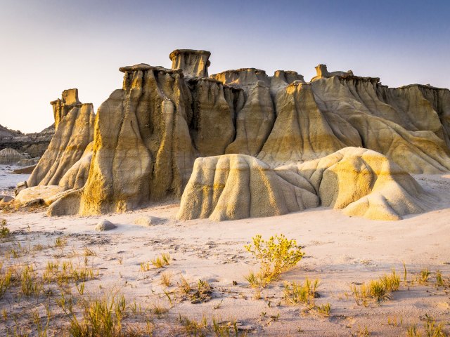 A picture of odd rock formations with striped layers on display