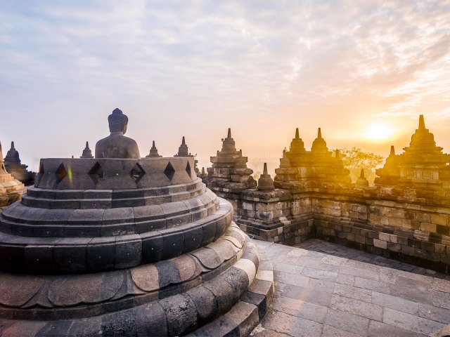 View of sunrise from temple on Indonesian island of Java