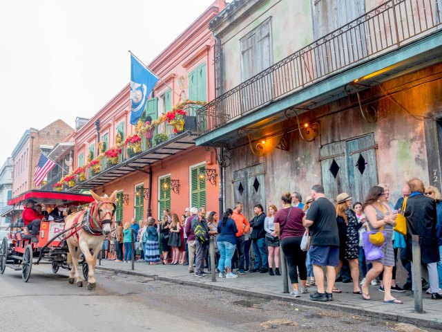 People lined up outside Preservation Hall in New Orleans, Louisiana