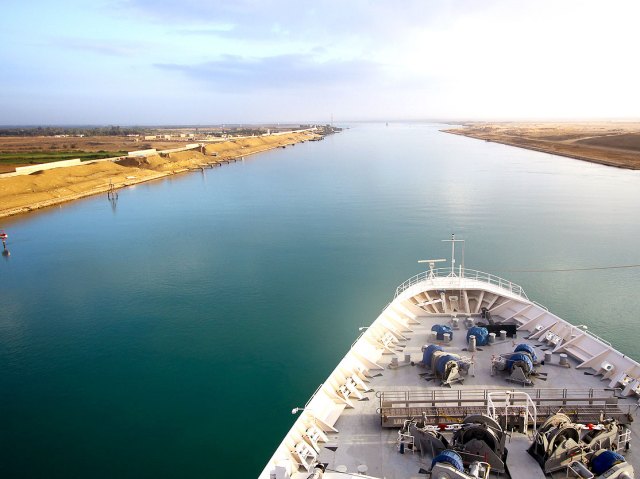 Ship navigating Suez Canal in Egypt