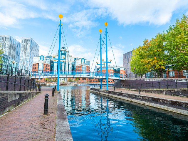 Manchester Ship Canal with city skyline in background