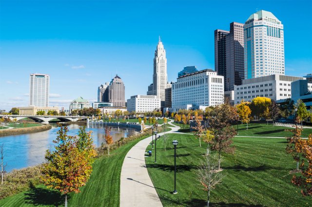 Riverfront park and skyscrapers in Columbus, Ohio