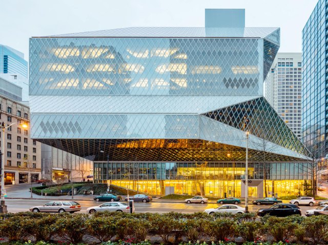 Modern glass exterior of the Seattle Public Library