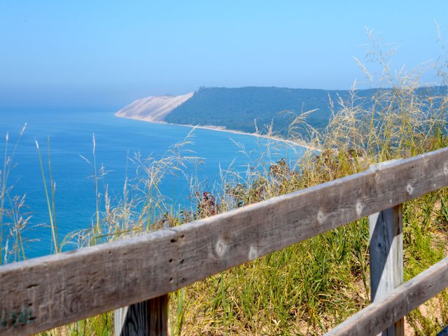 Fenced overlook of the Sleeping Bear Dunes National Lakeshore in Michigan