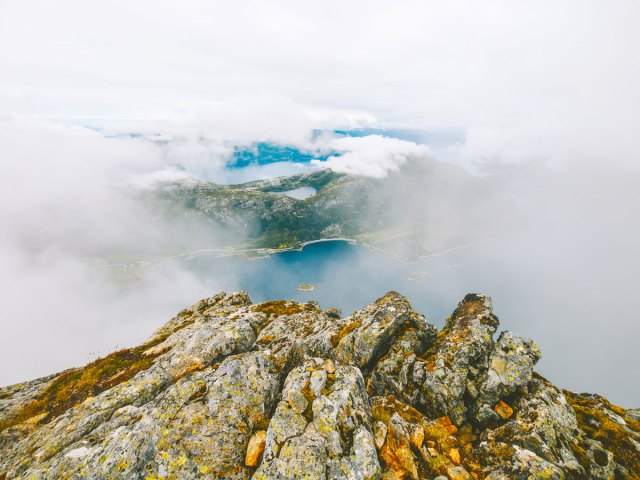 Clouds shrouding Norway's Hornelen, the tallest sea cliff in Europe