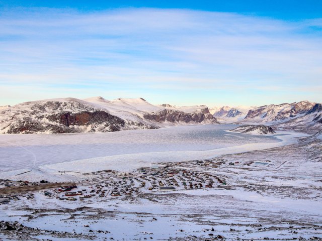 Snow-covered landscape of Baffin Island in Canada, seen from above