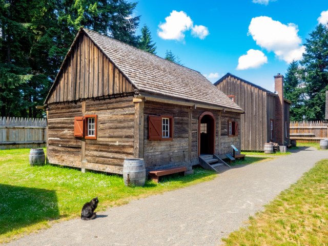 Log cabins at the Fort Nisqually Living History Museum in DuPont, Washington