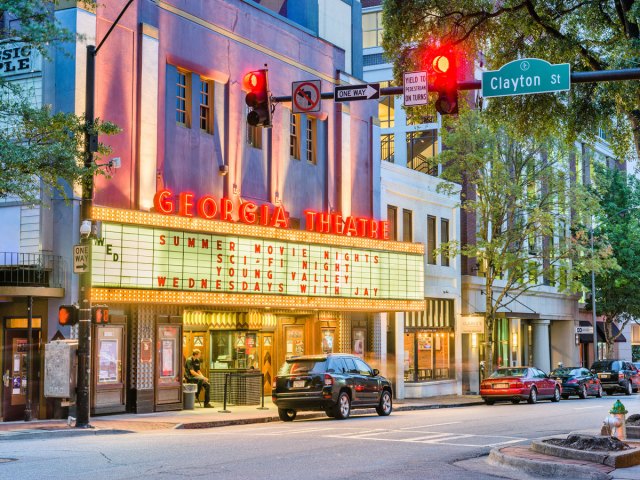 Marquee of Georgia Theatre in Athens, Georgia, lit at night