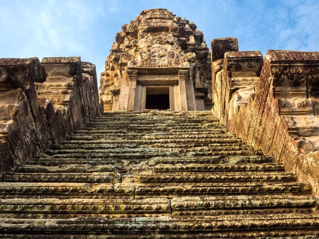 View from bottom of the Angkor Wat temple stairs in Siem Reap, Cambodia