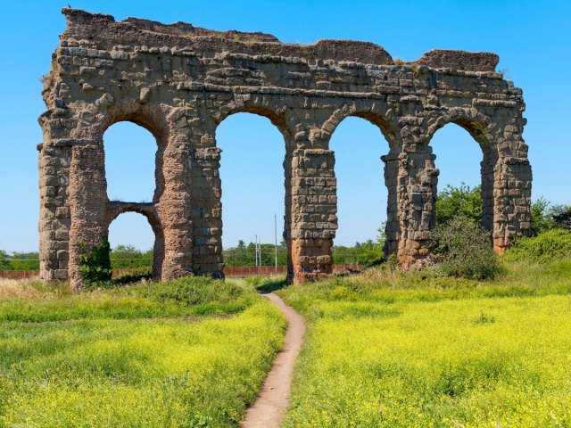 Ancient Roman ruins of aqueduct in Parco degli Acquedotti
