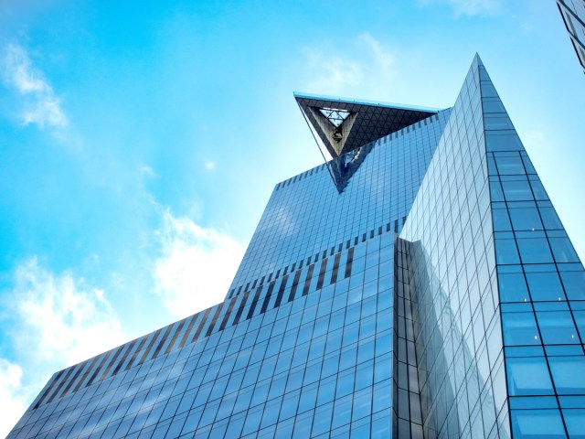 View from street level of triangular Edge observation deck jutting from skyscraper in New York City