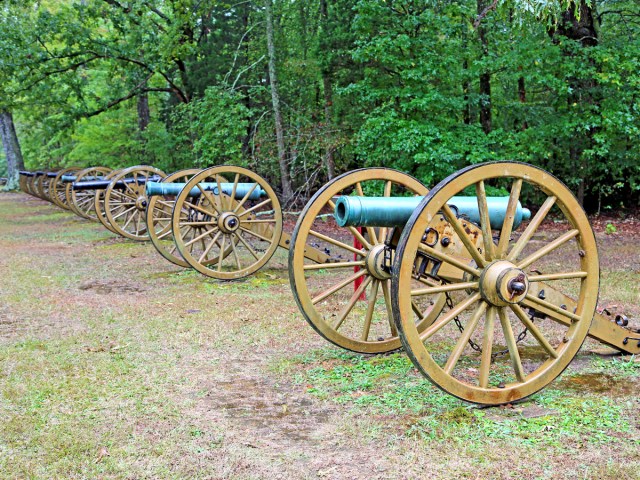 Row of cannons at Shiloh National Military Park in Tennessee
