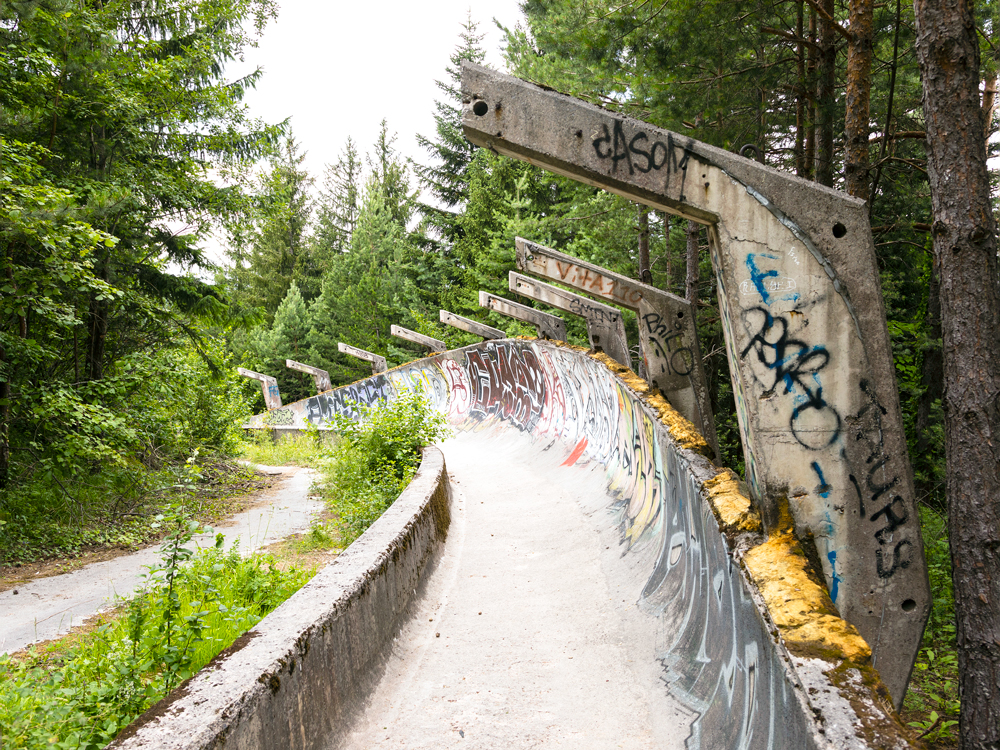 Abandoned bobsleigh and luge track from 1984 Winter Olympics in Sarajevo, Bosnia and Herzegovina