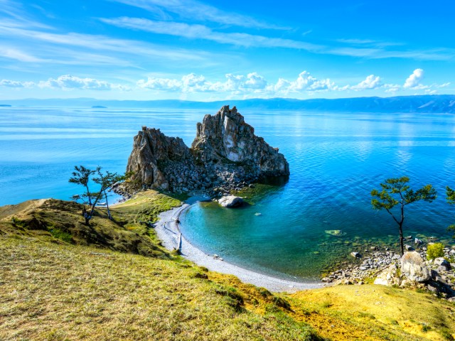 Rock formation on coast of Lake Baikal in Siberia