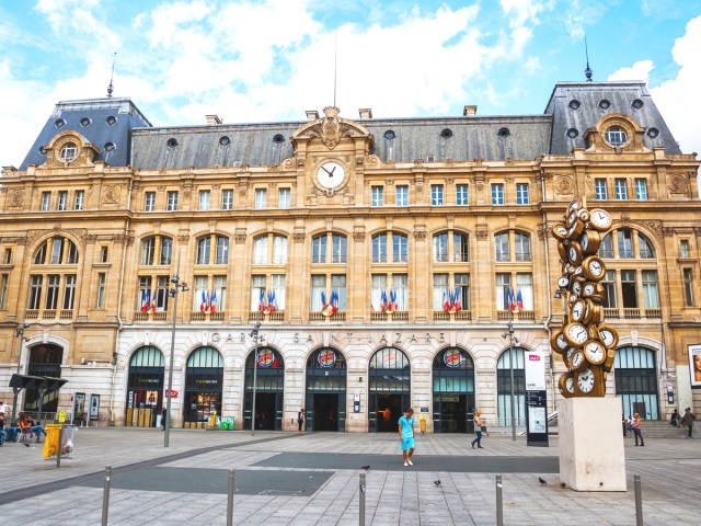 Ornate classical facade of Gare Saint-Lazare in Paris, France