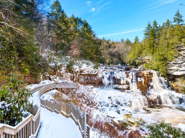 Snow-covered landscape of Blackwater Falls in West Virginia
