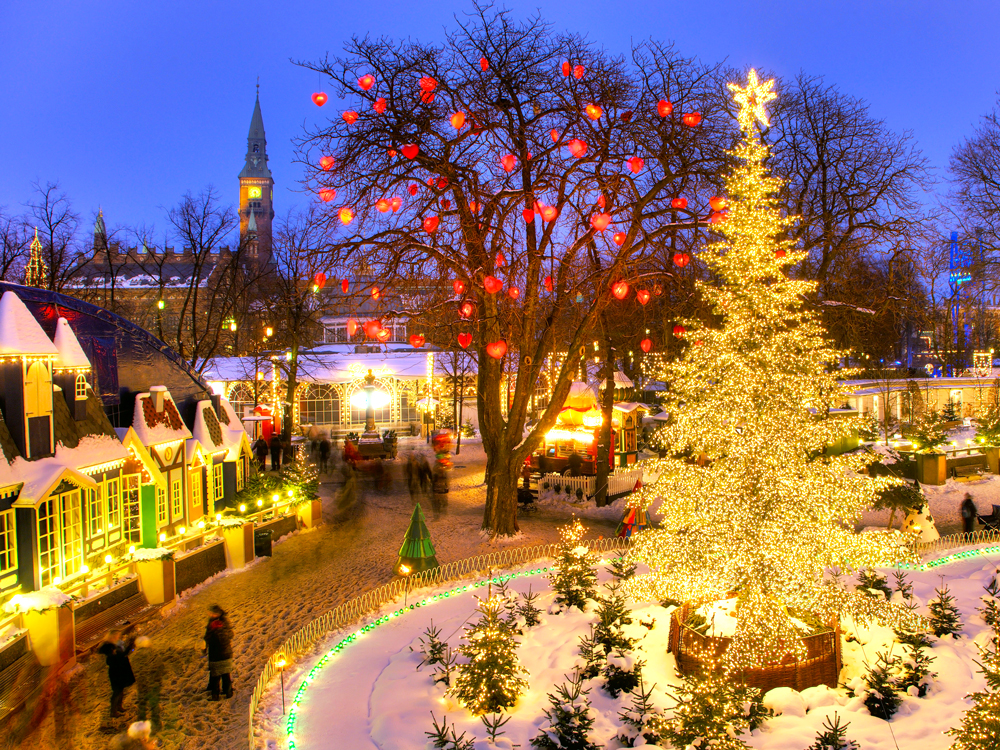 Christmas tree in Tivoli Gardens in Copenhagen, Denmark