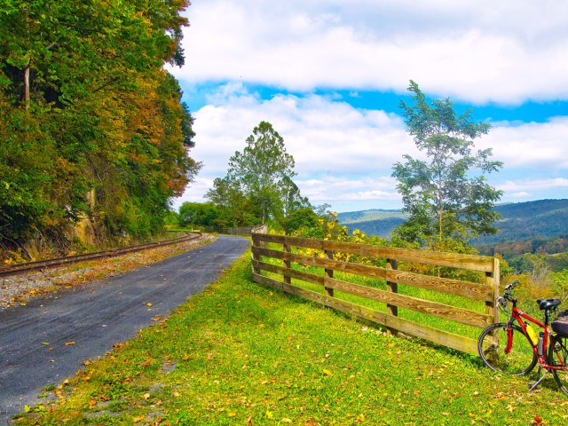 Bicycle resting along fence on the Great Allegheny Passage in Pennsylvania