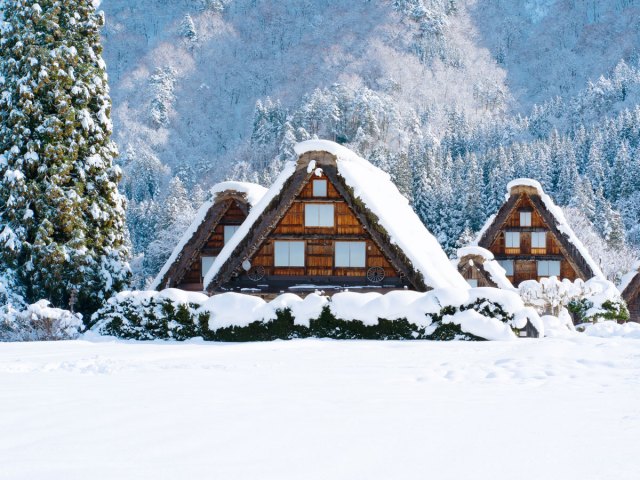 Snow-covered traditional homes in Shirakawa-go, Japan