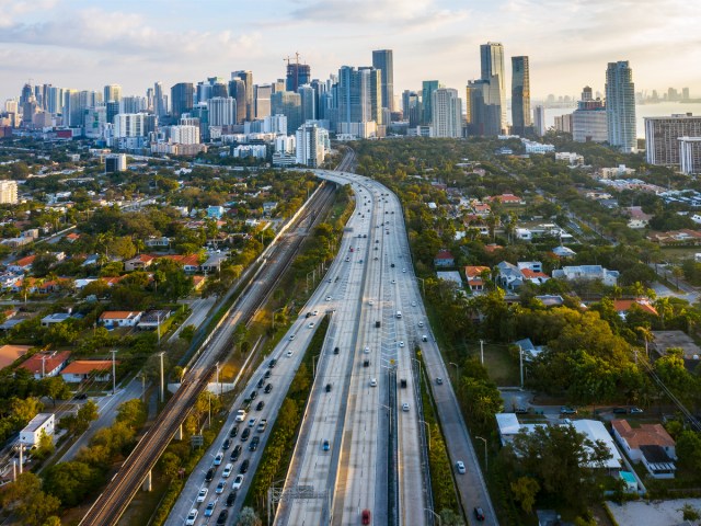 Aerial view of highways and skyscrapers in Miami, Florida