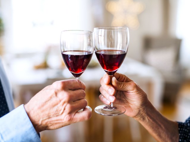 Two people toasting with wine glasses